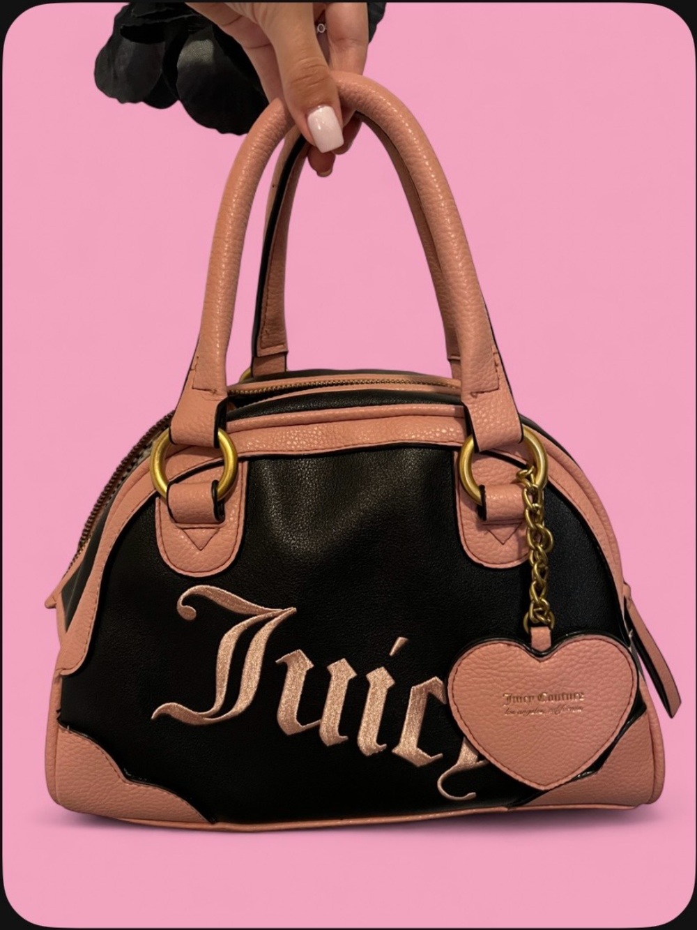 Juicy Couture Black and Pink Heart Charm Satchel Bag